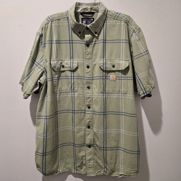 Carhartt Shirt Men XL Green Plaid Loose Fit Short Sleeve Button Up‎ - Picture 1 of 6